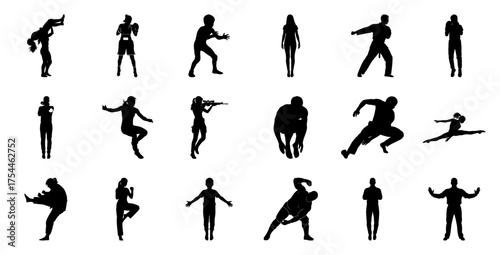 Silhouettes of people in various poses action sport
