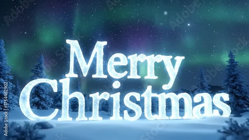 Merry Christmas Text with Aurora Borealis and Snow-Covered Trees in Winter Landscape