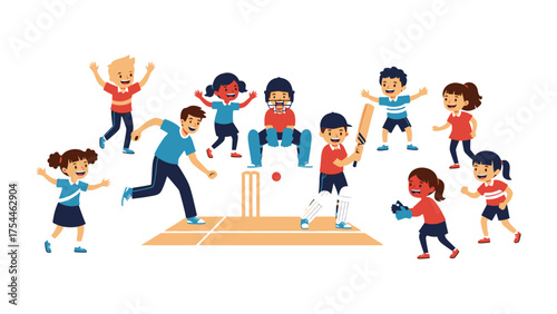 Cricket Game Scene: Lively cartoon illustration captures the essence of cricket, showcasing energetic children engrossed in a spirited match with animated poses and a sense of competition.