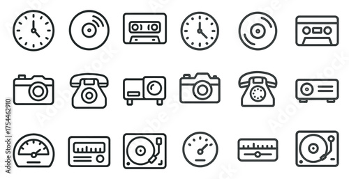 Retro technology outline icons set – vintage, line, classic gadget symbols