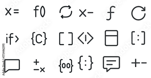 Mathematics and programming linear icons set – calculus, coding, tech symbols