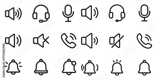 Audio and communication line icons set – outline, linear, sound and call symbols
