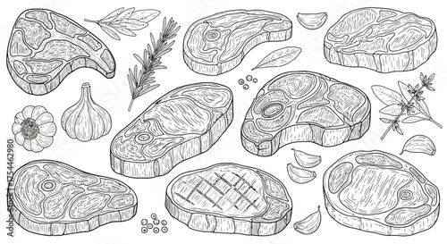 Collection of Raw and Grilled Steaks with Herbs and Garlic Sketch