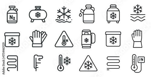 Cryogenics and freezing line icons set – solid, flat, cold storage, safety symbols