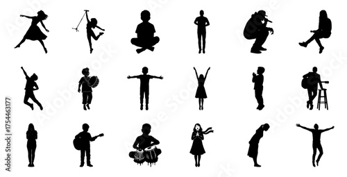 Silhouettes of people performing various actions dancing