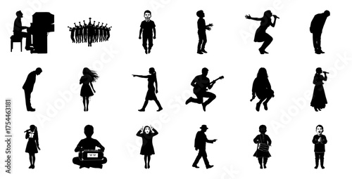 Silhouettes of people performing various actions music