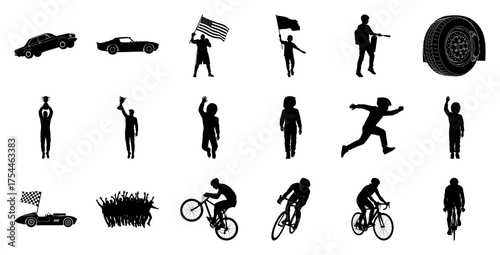 Silhouettes of racing and sports bicycle flag