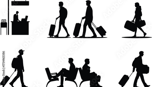 Airport activity icon set, black silhouette travel scenes, passengers with luggage, check-in counter, waiting area, air travel vector illustration