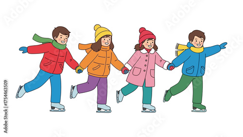 Joyful Ice Skating Adventure: A group of children glide gracefully on ice skates, their joyful expressions and coordinated movements a testament to the fun of winter.