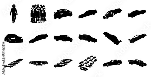 Sports car and racing driver silhouettes black and white