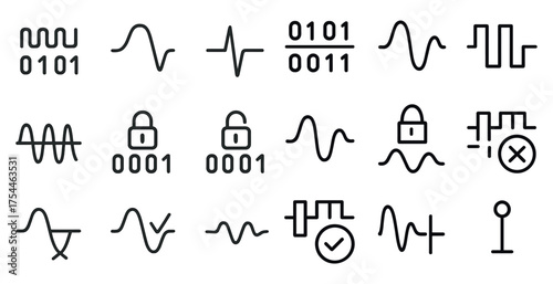 Digital communication line icons set – waveform, binary, security symbols