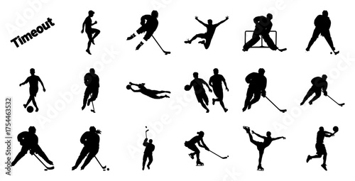 Sports Silhouettes and Timeout Text hockey soccer