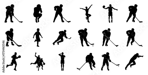 Sports figures silhouettes hockey player basketball player