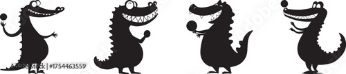 Funny crocodile silhouettes cartoon set of smiling alligators standing and holding ball on white background, black vector illustration for kids design, animal mascot or character art for decoration an