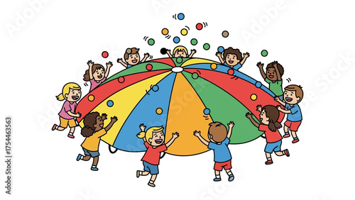 Joyful Playtime: A circle of children, united in a vibrant display of coordination and merriment, engage in a game with colorful balls. A scene exuding pure joy and the magic of childhood.