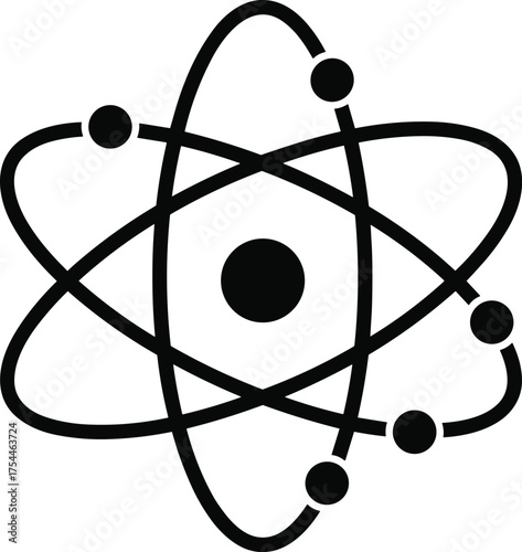 Atom structure silhouette illustration, black and white science icon, electron orbit graphic, chemistry symbol, physics education design, nucleus diagram