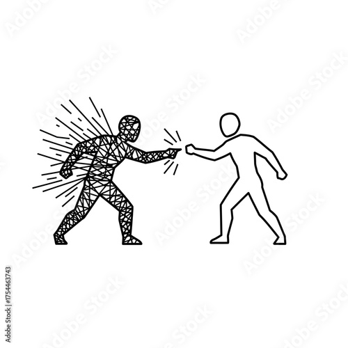 Two abstract figures in a dynamic confrontation one emitting energy.