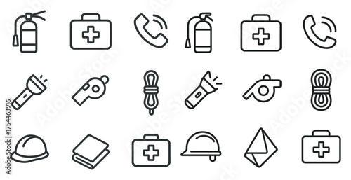 Emergency and safety outline icons set – linear, flat, rescue and first aid symbols