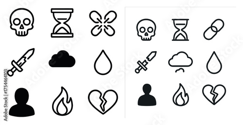 Skull and death silhouette icons set – linear, outline, macabre, morbid symbols