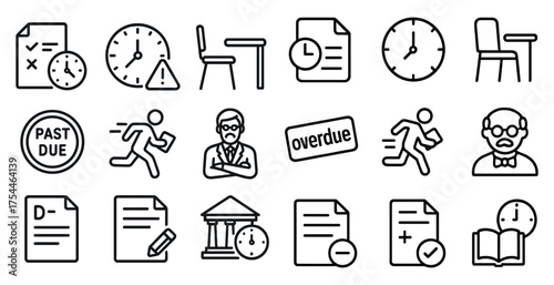 Deadline and office outline icons set – linear, task, time management symbols