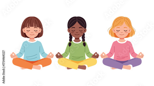 Serene Yoga: Three diverse children engaged in a yoga session, each finding their center in peaceful meditation. Emphasizing balance and mindfulness.