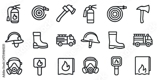 Fire safety line icons set – outline, emergency, protection symbols