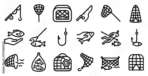 Fishing line icons set – outline, linear, angling and bait symbols collection
