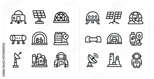 Space exploration outline icons set – linear, astronomy, galactic exploration symbols