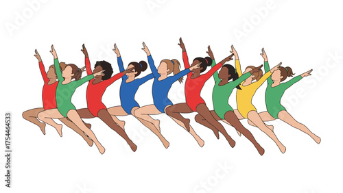 Gymnastics Team in Action: A dynamic and diverse team of young gymnasts, captured mid-air, radiate energy and athleticism with outstretched arms. The image symbolizes strength, teamwork.