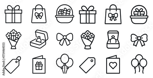 Gift and celebration icons set – outline, linear, party and festive symbols