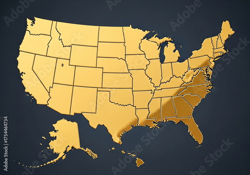 Map of the United States  alaska with States in Gold 