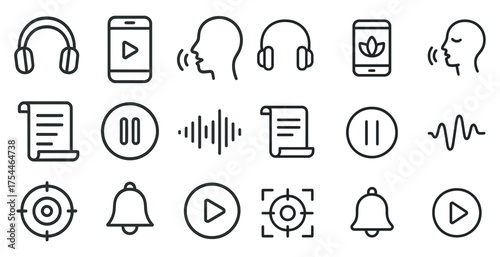 Audio and communication line icons set – outline, headset, voice chat symbols