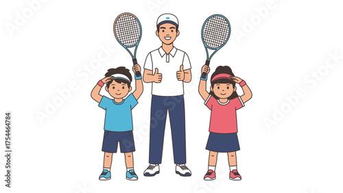 Tennis Trainer and Students: A tennis coach stands confidently with two children in a playful pose, ready to begin their training, exuding energy and a love for the sport
