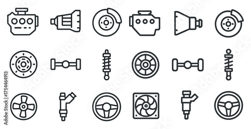 Automotive linear icons set – line, outline, vehicle and car maintenance symbols