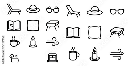 Summer leisure outline icons set – linear, minimalist, beach and relax symbols