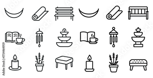 Home decor and relaxation line icons set – outline, linear, spa and comfort elements