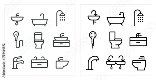 Bathroom silhouette icons set – flat, filled, plumbing and sanitation symbols