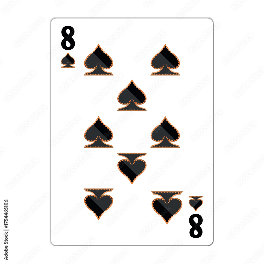 Obraz premium Eight of spades. Playing card with golden elements. Casino icons. Pictograms representing different suits. Vector illustration. Flat design for modern visual elements.