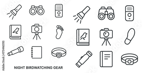 Birdwatching gear outline icons set – linear, silhouette, nature and wildlife symbols