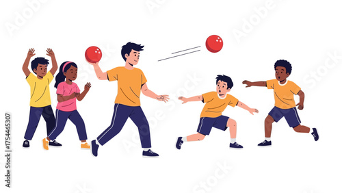 Children playing dodgeball: Energetic children in vibrant attire engaged in a lively game of dodgeball, illustrating the spirit of sportsmanship and playful competition.