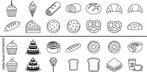 Black and white dessert icon set featuring cupcakes, cakes, cookies, bread, rolls, donuts, pretzels, and coffee cups