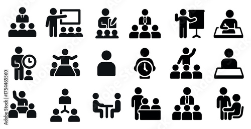 Business meeting solid icons set – corporate, silhouette, teamwork and presentation symbols