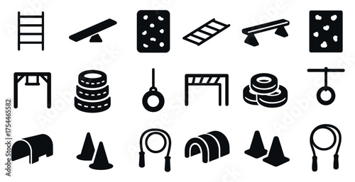 Fitness and obstacle course solid icons set – flat, filled, workout and exercise symbols