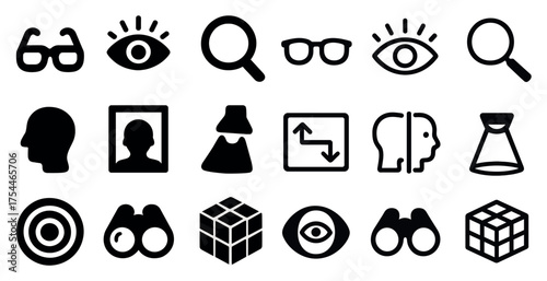 Vision and perception icons set - silhouette, solid, optical and eye symbols