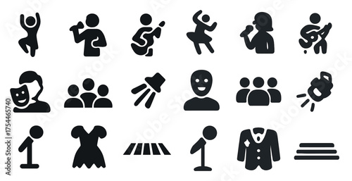 Performing arts silhouette icons set – drama, music, theater symbols