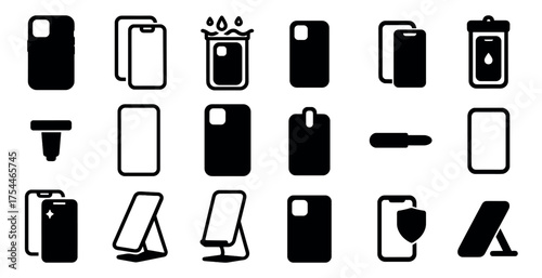 Smartphone and accessory silhouette icons set – solid, tech, gadget symbols