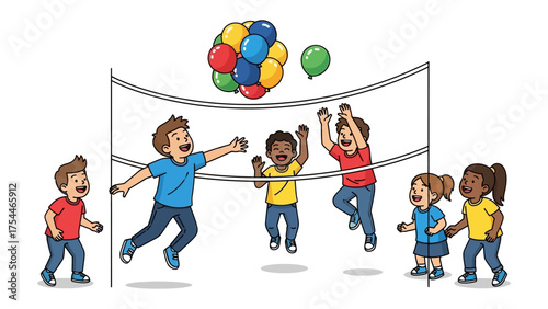 Volleyball Game: A vibrant illustration depicts a lively volleyball game, where a group of children engaged in a spirited match, with a joyful blend of teamwork and amusement.