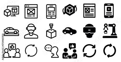 Tech and vr solid icons set – interface, filled, digital transformation symbols