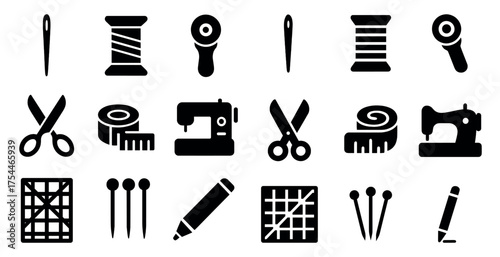 Sewing and tailoring solid icons set – filled, craft, textile design essentials