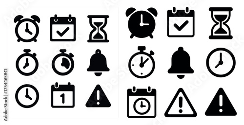 Time management solid icons set – flat, filled, clock and alarm symbols for scheduling
